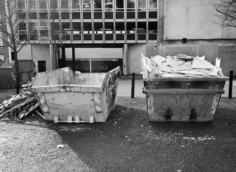 Recycling bins and collection van at a Shepherd's Bush street scene